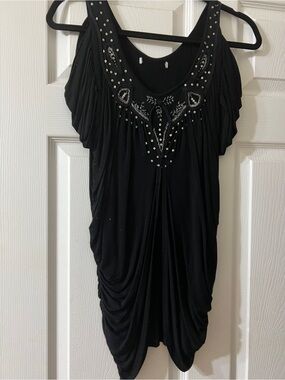 Black Studded Embellished Cold-Shoulder Tunic